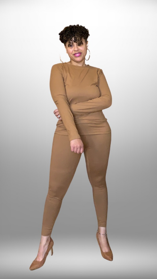 McKenna Blue Two piece leggings set in camel. Long sleeve round neck tee with matching leggings